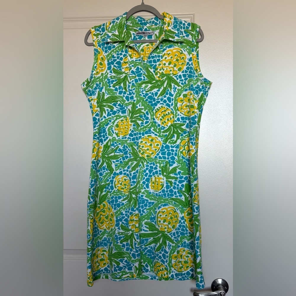 Barbara Gerwit Knit Dress Shirt Collar Preppy Style in Tropical Pineapple Print